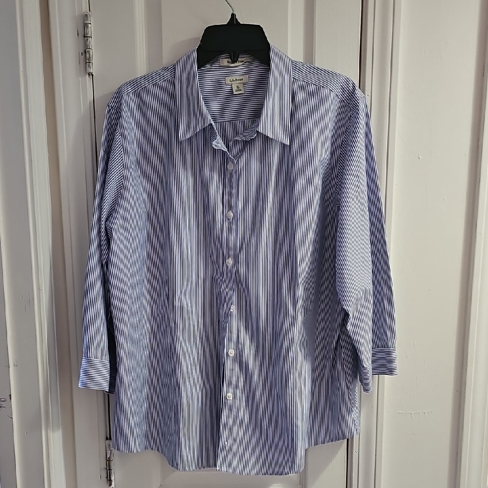 Lands' End Men's Blue and White Striped Casual Shirt